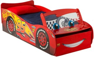 Kleinkinderbett für Jungs im Design von Lightning McQueen aus Disney Cars, mit Stauraum und beleuchteter Windschutzscheibe